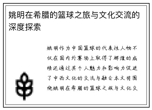 姚明在希腊的篮球之旅与文化交流的深度探索